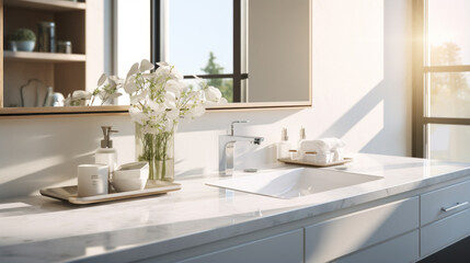 A white kitchen countertop with multiple drawers and a white sink - obrazy, fototapety, plakaty