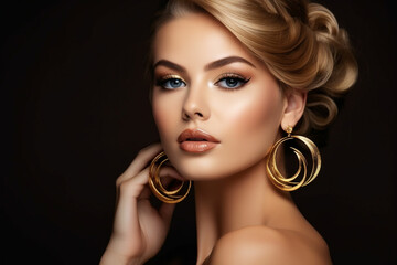 Fototapeta premium beautiful blonde woman with golden earrings and makeup
