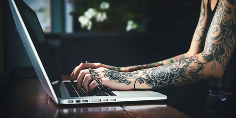 Boldly tattooed woman engrossed in laptop work, with focus on hands and arms. - obrazy, fototapety, plakaty