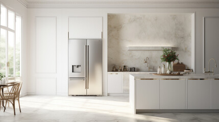 A white kitchen with marble countertops a large fridge and a few cabinets - obrazy, fototapety, plakaty