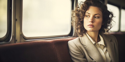 Nostalgic portrayal of a vintage-dressed woman seated in a bus.
