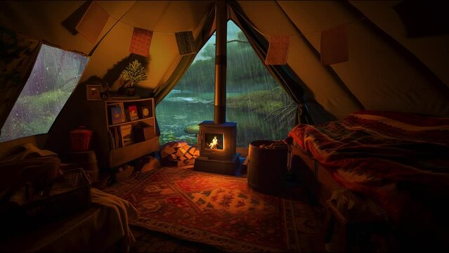 Camping tent on river bank in the rain forest. Cozy tent with fireplace during rainy season in the forest near river. Night in the tent During rainy season in the forest.