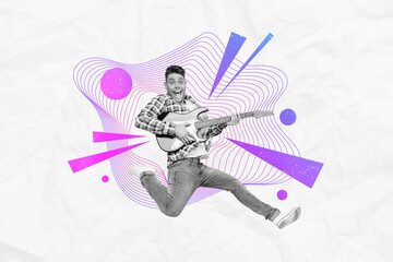 Creative abstract template collage of playing guitar funny young man vibes concert music jumping performer have fun billboard comics zine