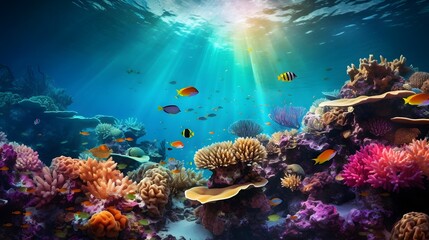 Fototapeta na wymiar Underwater view of the coral reef and tropical fish. Panorama