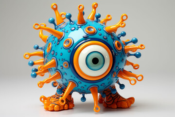 a blue and orange toy virus with big eyes