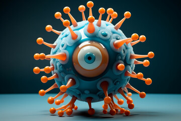 a blue and orange toy virus with big eyes - obrazy, fototapety, plakaty