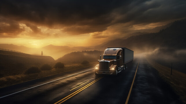 A semi-truck on an open road with foggy horizon, bathed in a golden evening glow.
