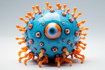 a blue and orange toy virus with big eyes