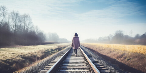 Evocative woman journeying along solitary railway tracks. - obrazy, fototapety, plakaty