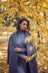 brunette woman in a gray coat and boots is standing by a tree in autumn among the trees. Orange foliage during the day
