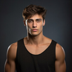 Headshot of a handsome brunette male model wearing a black tank top in front of a grey background, short brown hair, chiseled attractive face, athletic physique