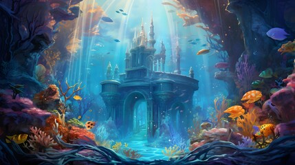 Digital painting of a fantasy underwater world with a fountain and a castle - obrazy, fototapety, plakaty