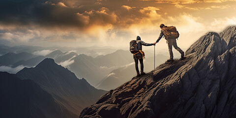 Teamwork concept with man helping friend reach the mountain top