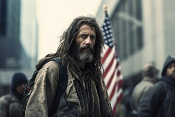 Middle-aged homeless veteran in a gritty street setting with a faded American flag in the background - obrazy, fototapety, plakaty