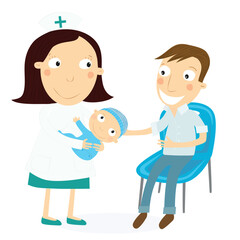 Nurse holding baby handing it to the father. Vector Illustration.