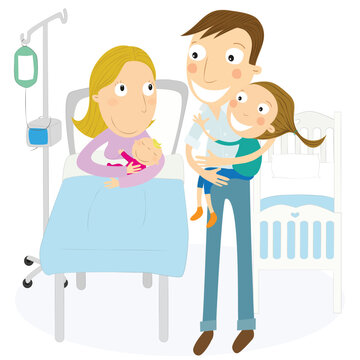 Mother and father with their newborn baby in the maternity ward. Vector Illustration.