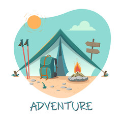 Campsite with tent, campfire, backpack, signpost. Travel concept of discovering, exploring. Camping, traveling, trip, hiking, nature. Design for coupons, vouchers, flyers. Trendy vector illustration