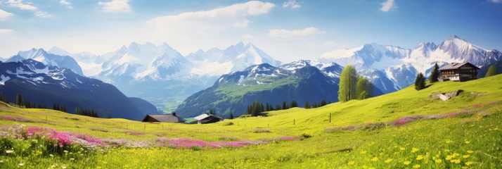 Tuinposter Idyllic mountain landscape in the Alps with blooming meadows in springtime © Sasint