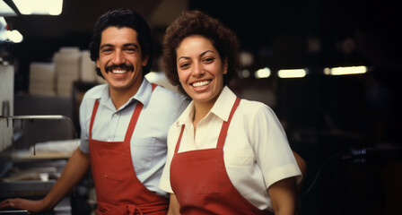 retro happy smile latino hispanic couple man and  woman  chef wearing uniform lokking at the camera  at kitchen, - obrazy, fototapety, plakaty