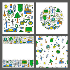 Set of cards with doodle ecology icons.