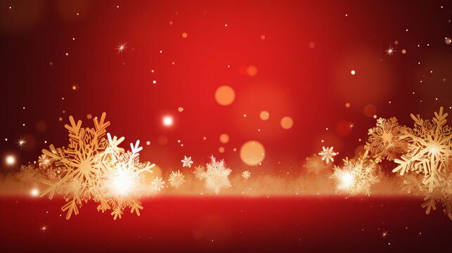 Red Christmas wallpaper, background with golden snowflakes and soft bokeh. Windows Wallpaper