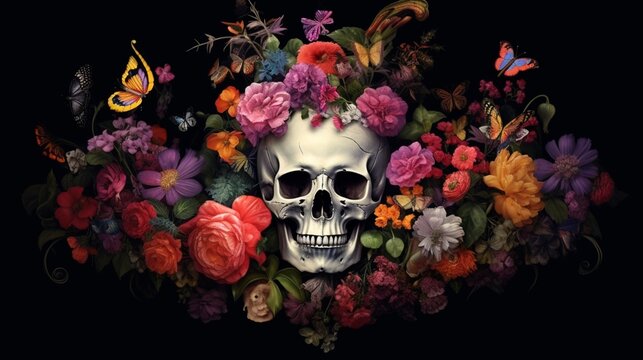 a skull is made of flowers and butterflies in the.Generative AI