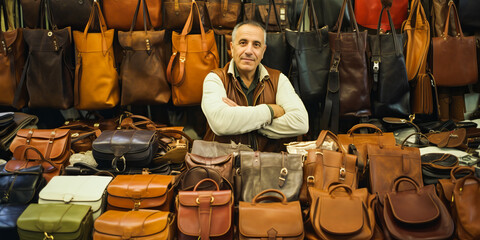 Confident Argentine vendor amidst vibrant leather goods in bustling Buenos Aires shop.