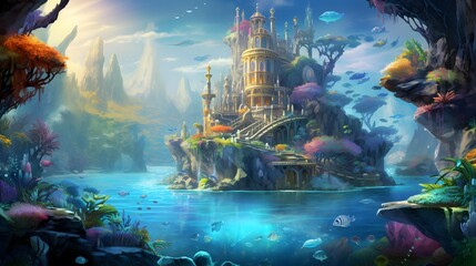 Beautiful underwater world. Fantasy world. 3d render illustration.