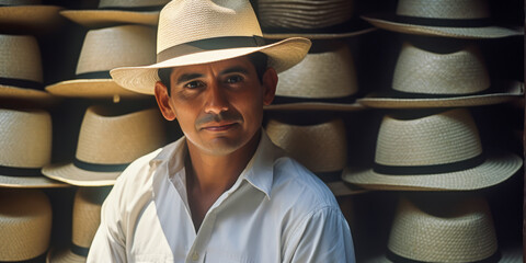 Authentic Ecuadorian salesman exudes confidence with crossed arms, amid a backdrop of Panama hats and nature.