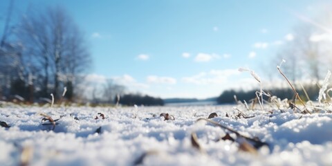Panoramic close-up view of snow and ice on the ground with a blurred bokeh background - obrazy, fototapety, plakaty