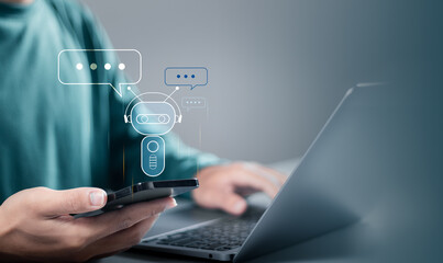 Businessman working with digital chatbot. AI artificial intelligence technology Access to online...