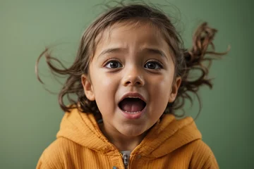 Fotobehang astonished little child, screaming and jaw-dropping expression, on a green background. © Asfand