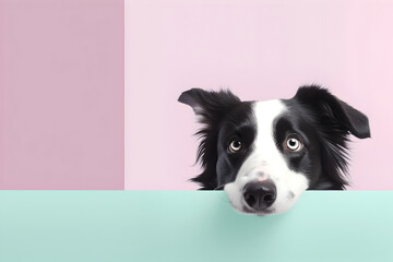 Creative animal concept. Border Collie dog puppy peeking over pastel bright background. advertisement, banner, card. copy text space. birthday party invite invitation	
