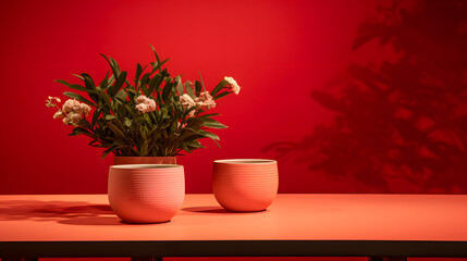 close up of flowers on pots on a red background