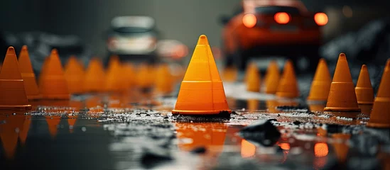 Foto auf Alu-Dibond Intense rainfall at a construction site Emphasize the orange cone with copyspace for text © 2rogan