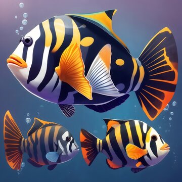 striped fish swimming underwater, orange fins clip art preview