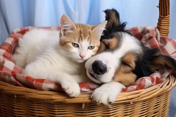 puppy and kitten sleeping together in a basket (Generative AI)