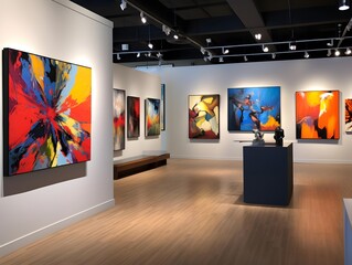 Panoramic view of modern art gallery interior with paintings on the wall.