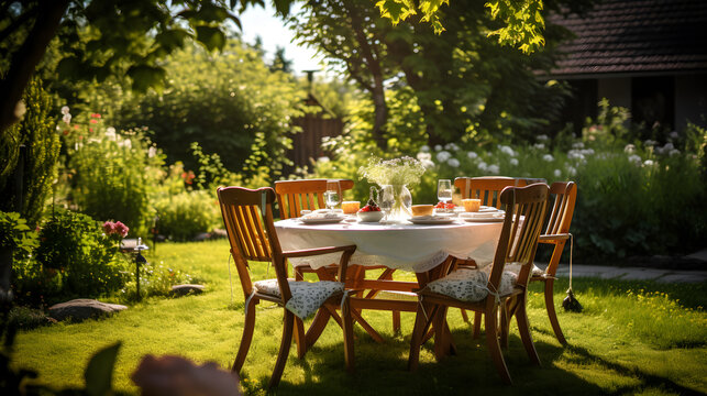 dining table in the garden with nature bacgkround with sunlight