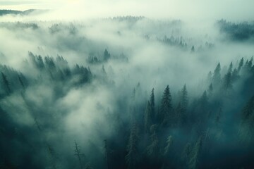 Pine Forest, Wide. Fog and mist in the Nature.