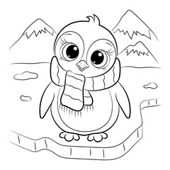 Cute little penguin on an ice floe. Vector black and white illustration. Coloring book for children.