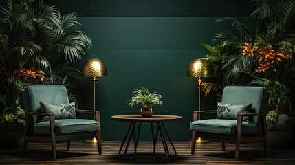 interior design of two couple modern sofa chair in dark green color can be use for copy space, mock up, quotes, wallpaper