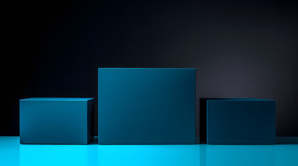 Minimalist three dark blue square podium on dark background. For product placement, product showcase, presentation, or advertising