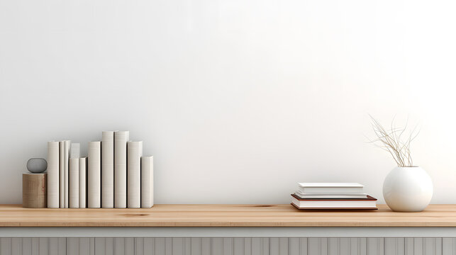 wooden table with books and white vase on white background