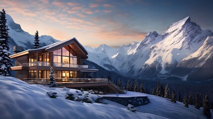 Panoramic view of modern chalet in Alps at sunset - obrazy, fototapety, plakaty