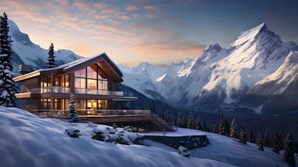 Gardinen Panoramic view of modern chalet in Alps at sunset © Iman
