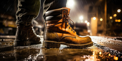 Construction worker's boots on wet ground with the construction site in the background illuminated at night. Сonstruction labor, safety, and work-related themes. - obrazy, fototapety, plakaty