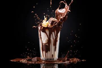 Gordijnen Chocolate milkshake splash on black background © pilipphoto
