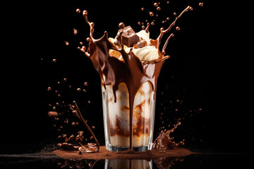 Chocolate milkshake splash on black background