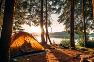 Camping and tent under the pine forest near the lake with beautiful sunlight in the morning - obrazy, fototapety, plakaty